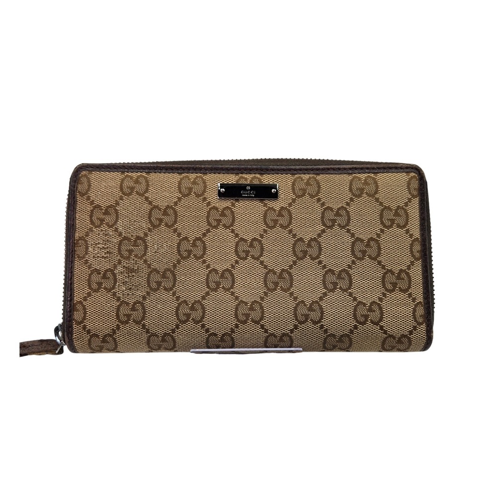 Gucci GG Monogram Canvas Brown Leather Zip Around Continental Wallet